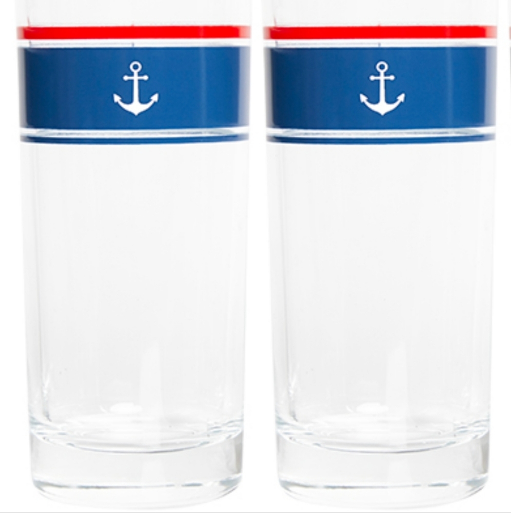 Let's Sail Away Highball Glasses  Set of 4  7 oz each  Anchors  Nautical  NEW